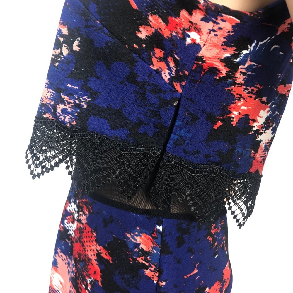 Material Girl Abstract Floral Printed A-Line Mini Dress Cami Lace Cut Out Dress - Picture 5 of 8